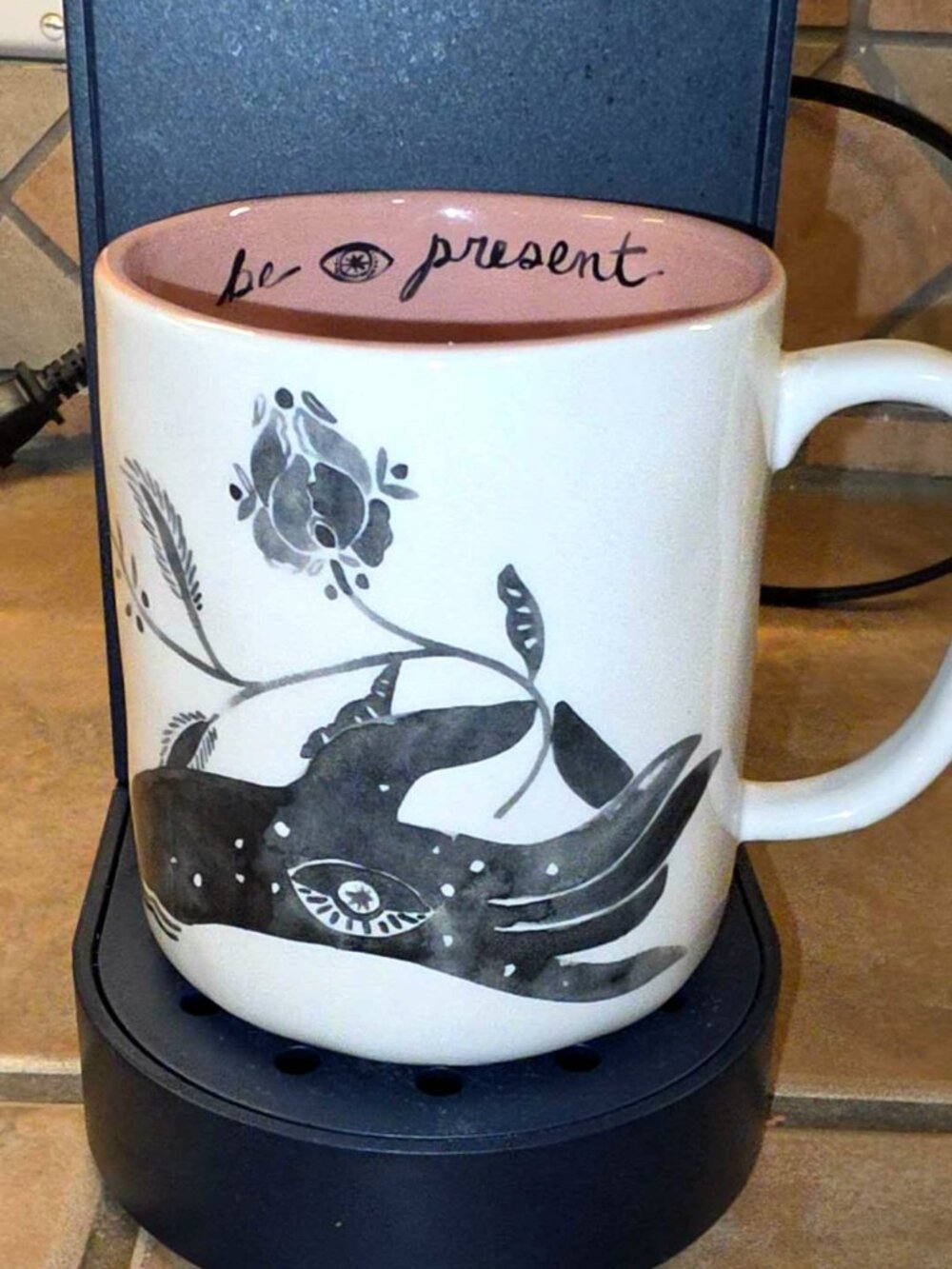 Anthropologie "Be Present" Floral Hand Mug 16 lz, Pink/Black/White Coffee Cup